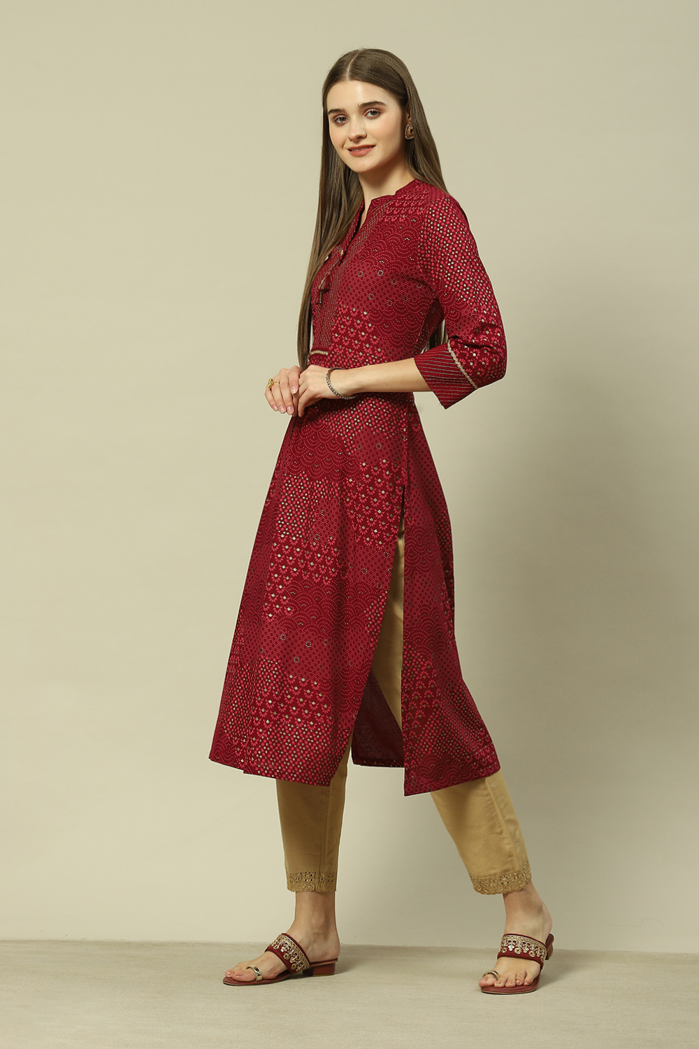 Red LIVA Straight Printed Kurta image number 2