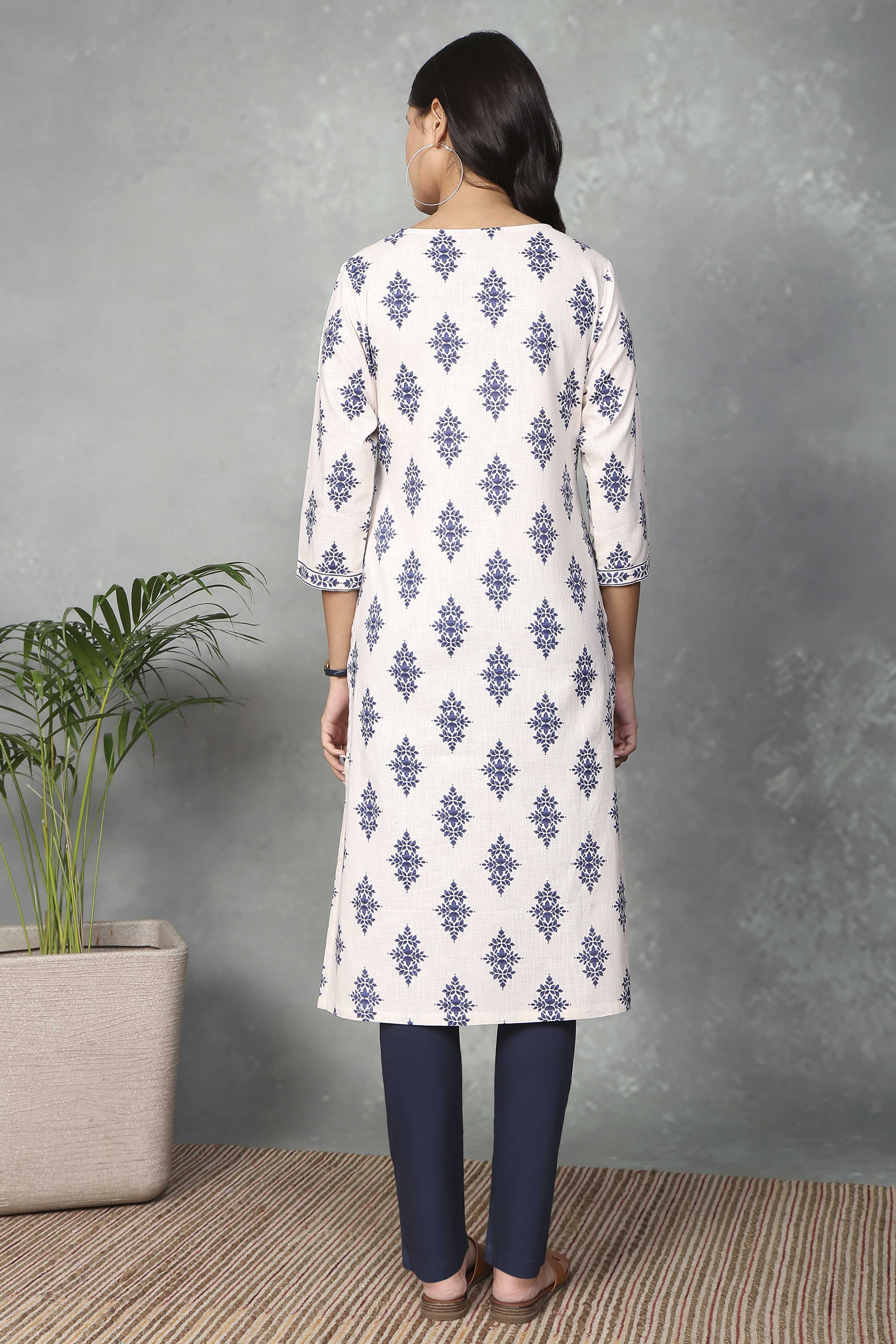 Off-White Cotton Printed Straight Kurta image number 3