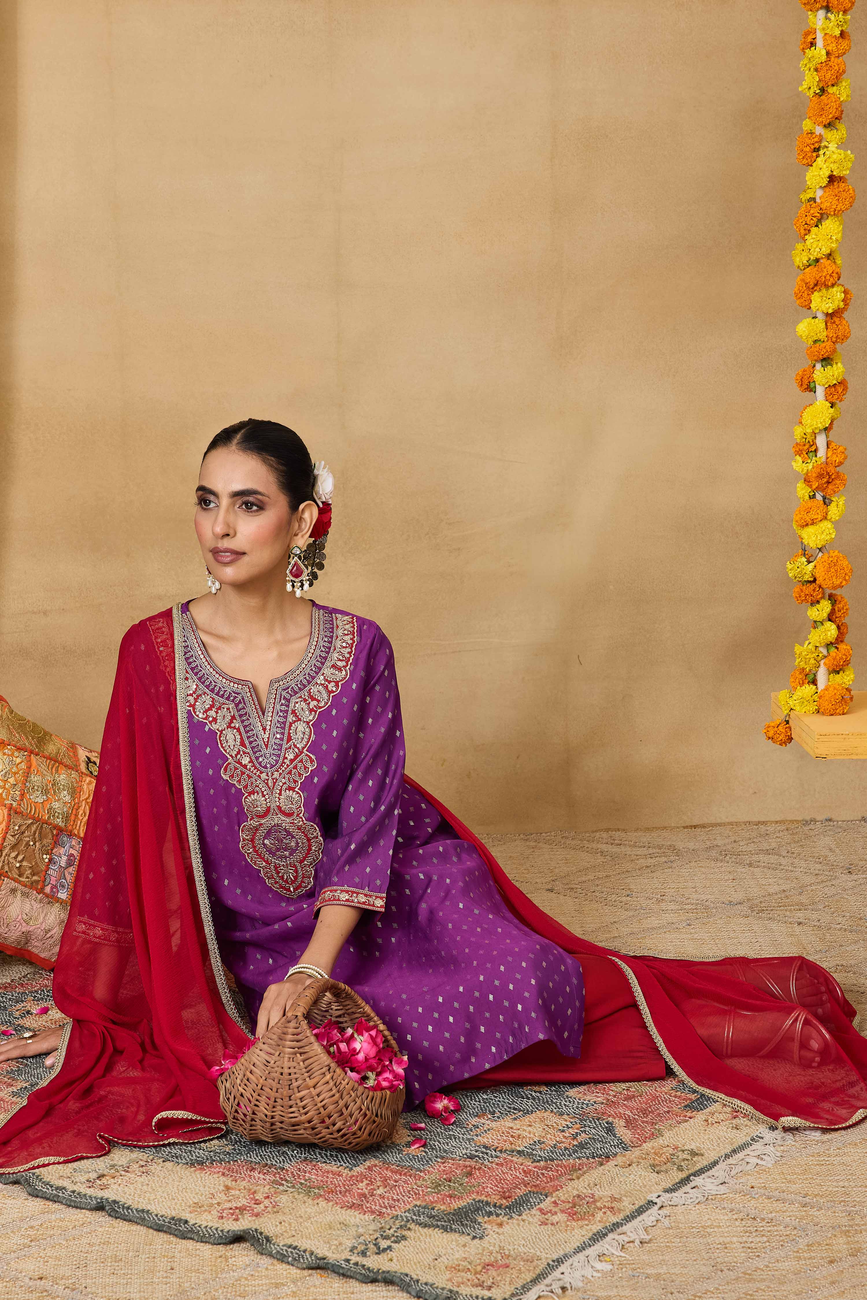 Purple Viscose Blend Straight Printed Suit Set image number 0