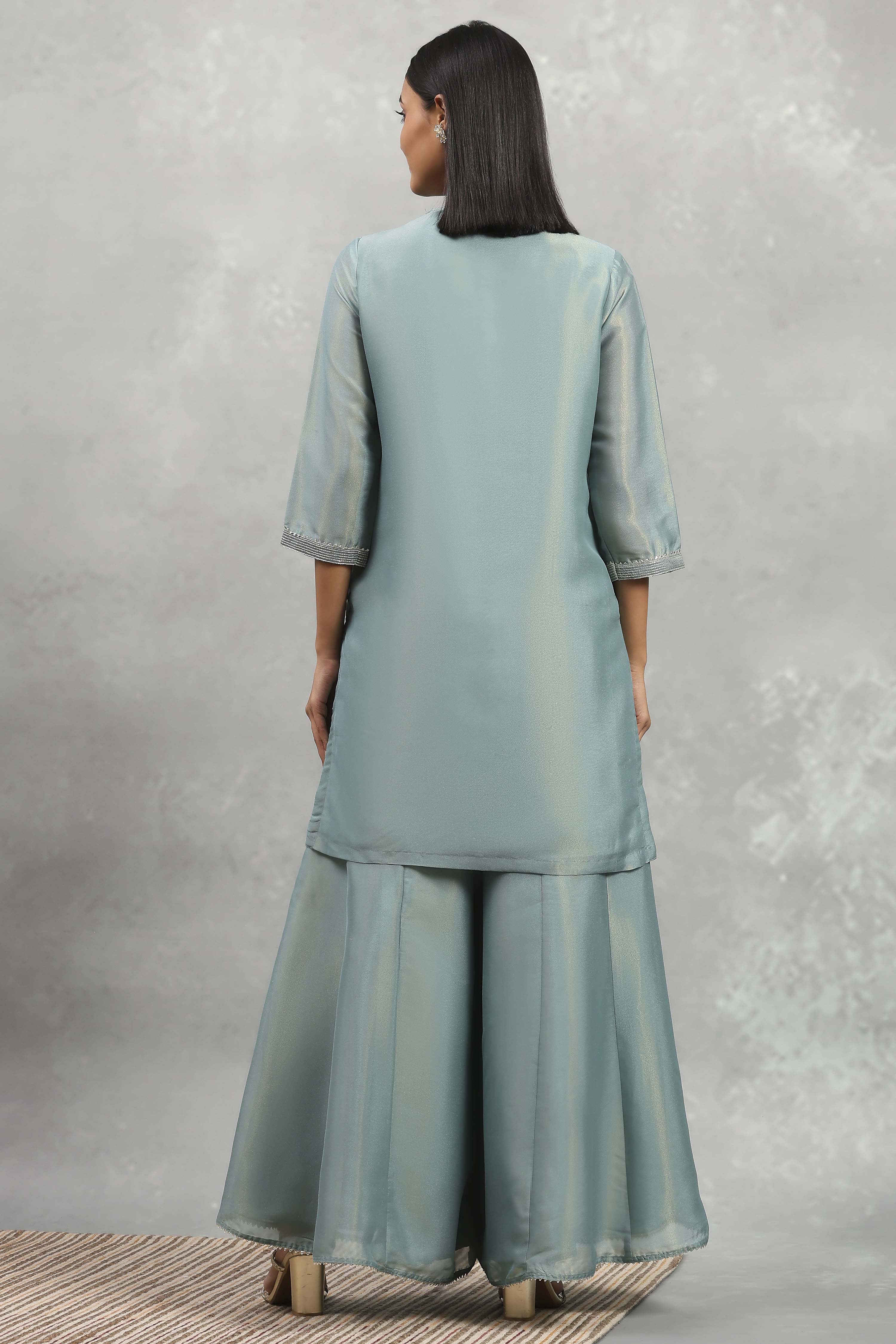 Dust Blue Tissue Solid Straight Suit Set image number 4