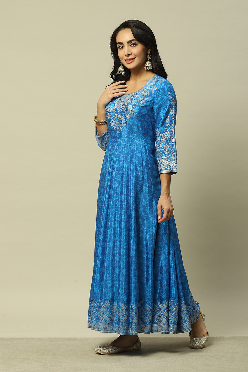 Blue LIVA Flared Printed Dress image number 2