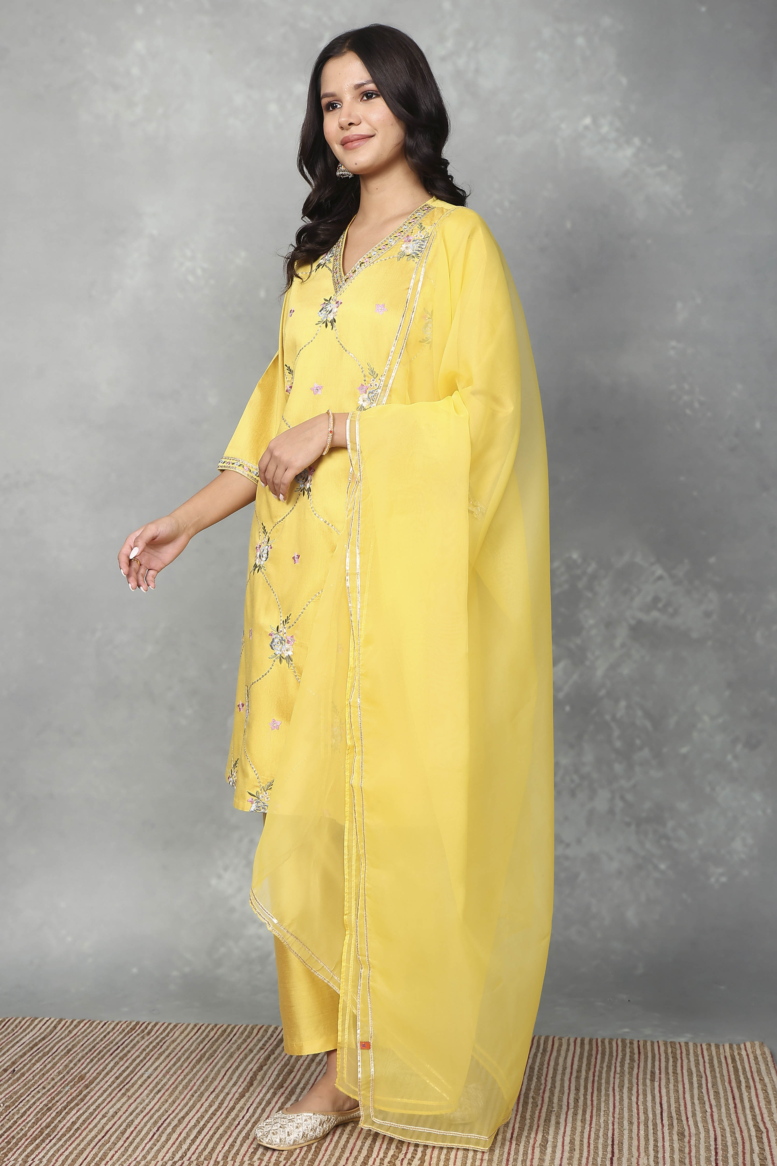 Yellow Viscose Blend Embroidered Straight Suit Set image number 3