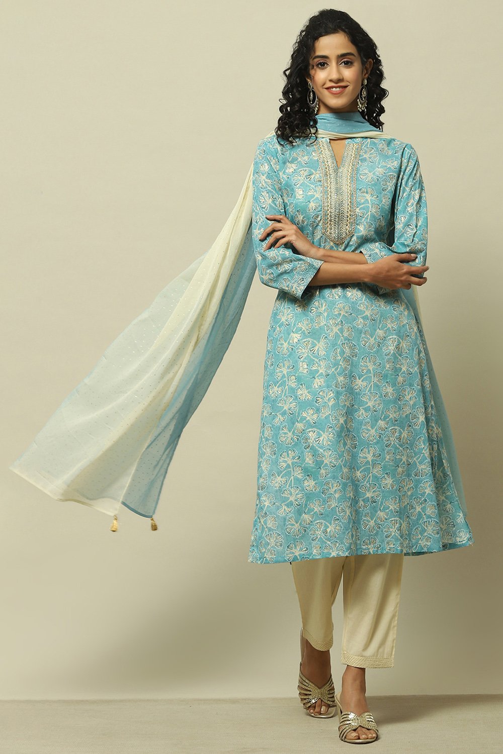 Blue Cotton Blend Straight Suit Set image number 7