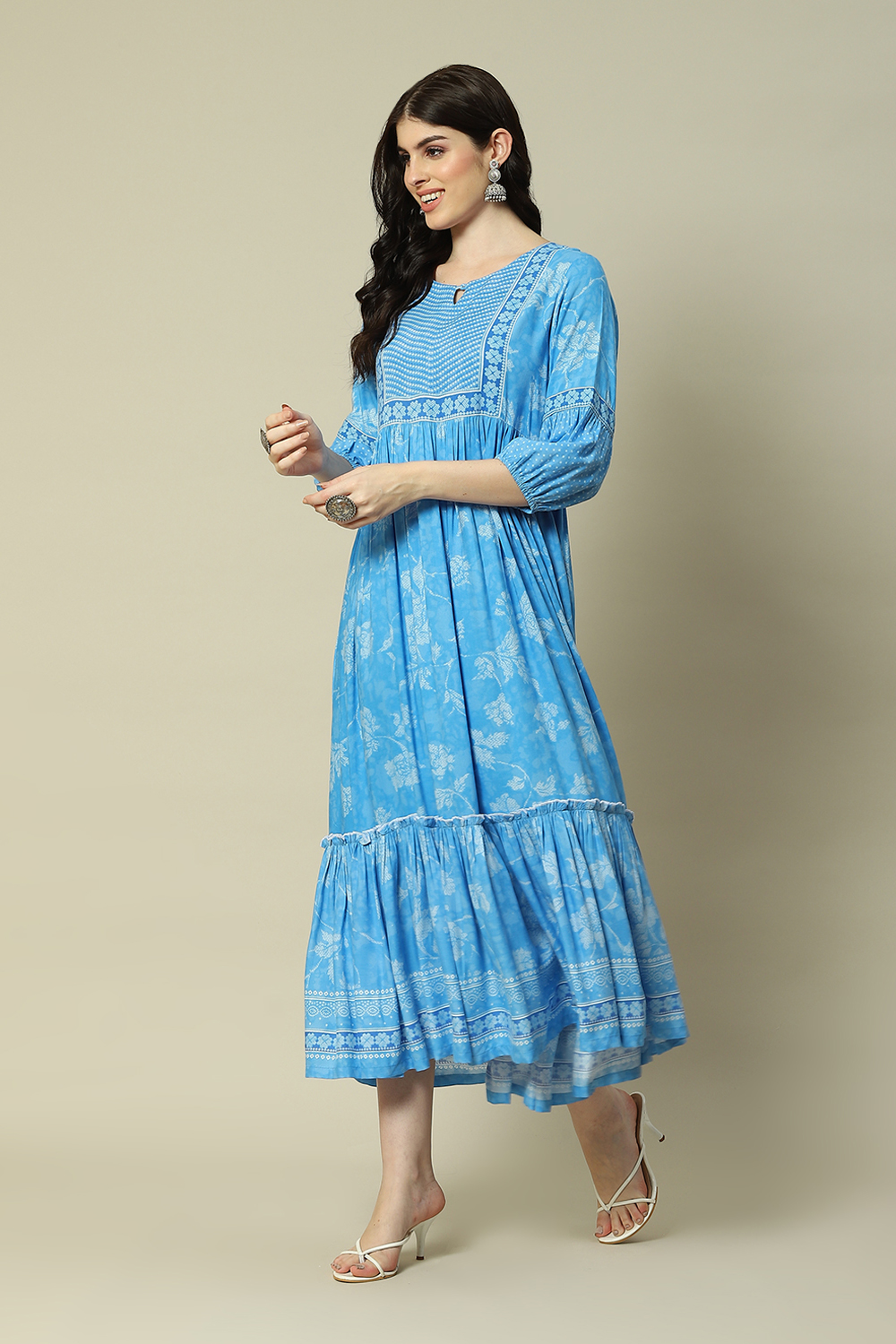 Aqua Blue Viscose Tiered Printed Dress image number 2