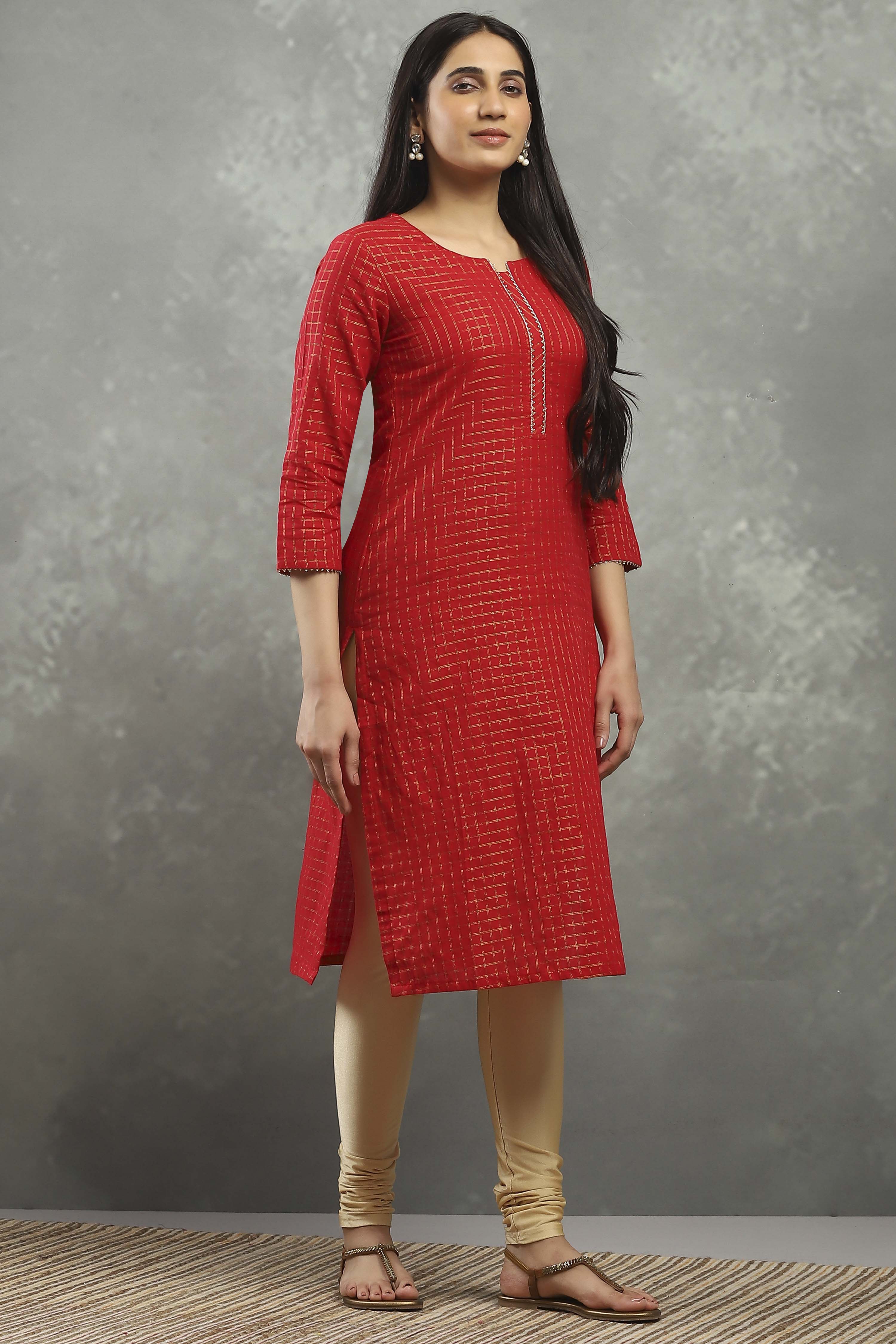 Red Viscose Straight Kurta Pants Set image number 7