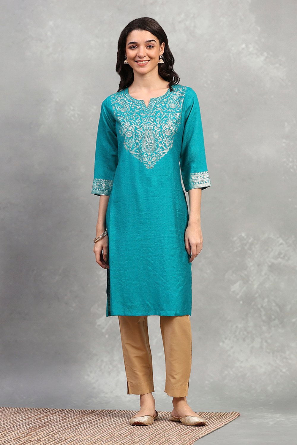 Teal Viscose Blend Solid Straight Kurta image number 5