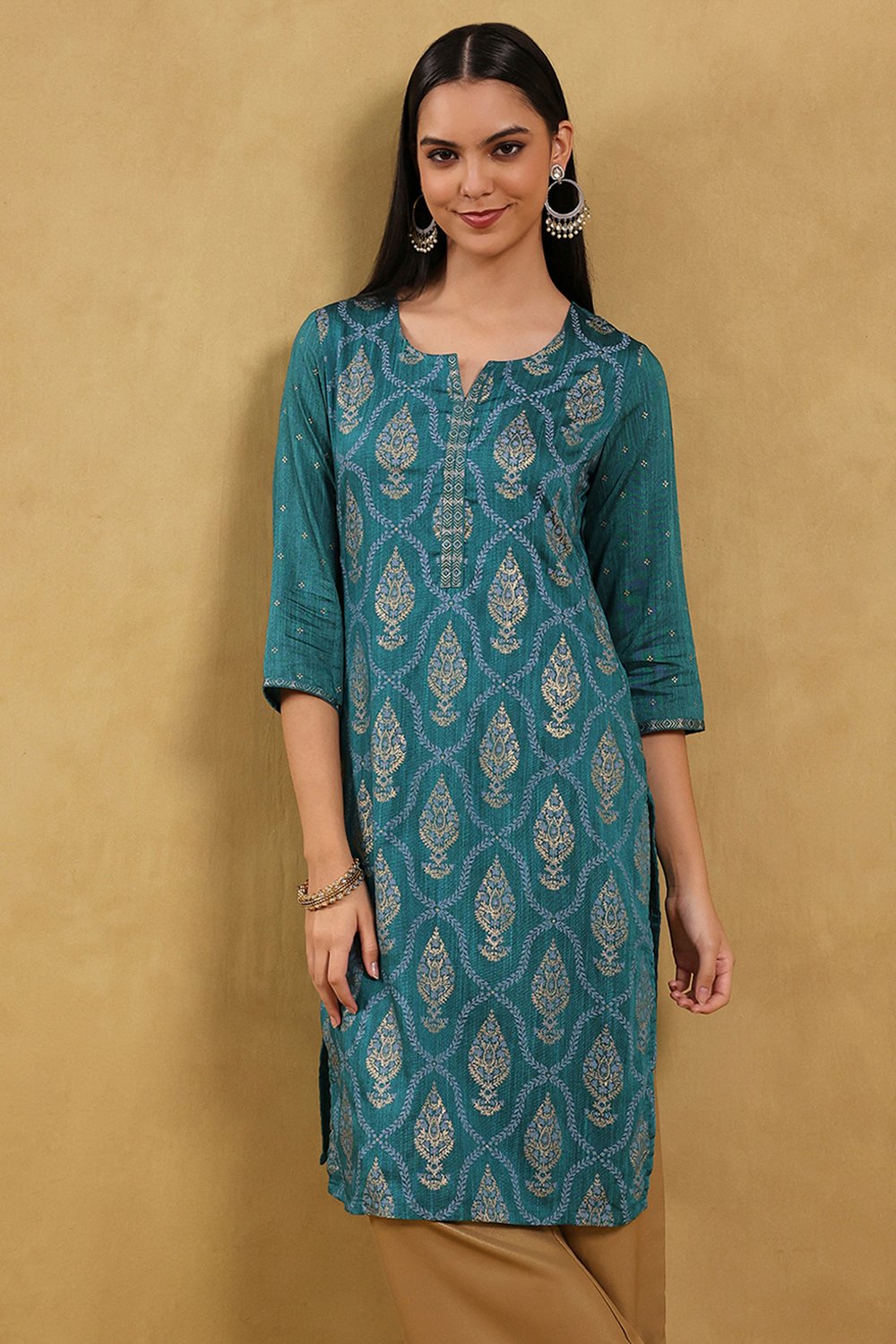 Teal Viscose Blend Printed Straight Kurta image number 6