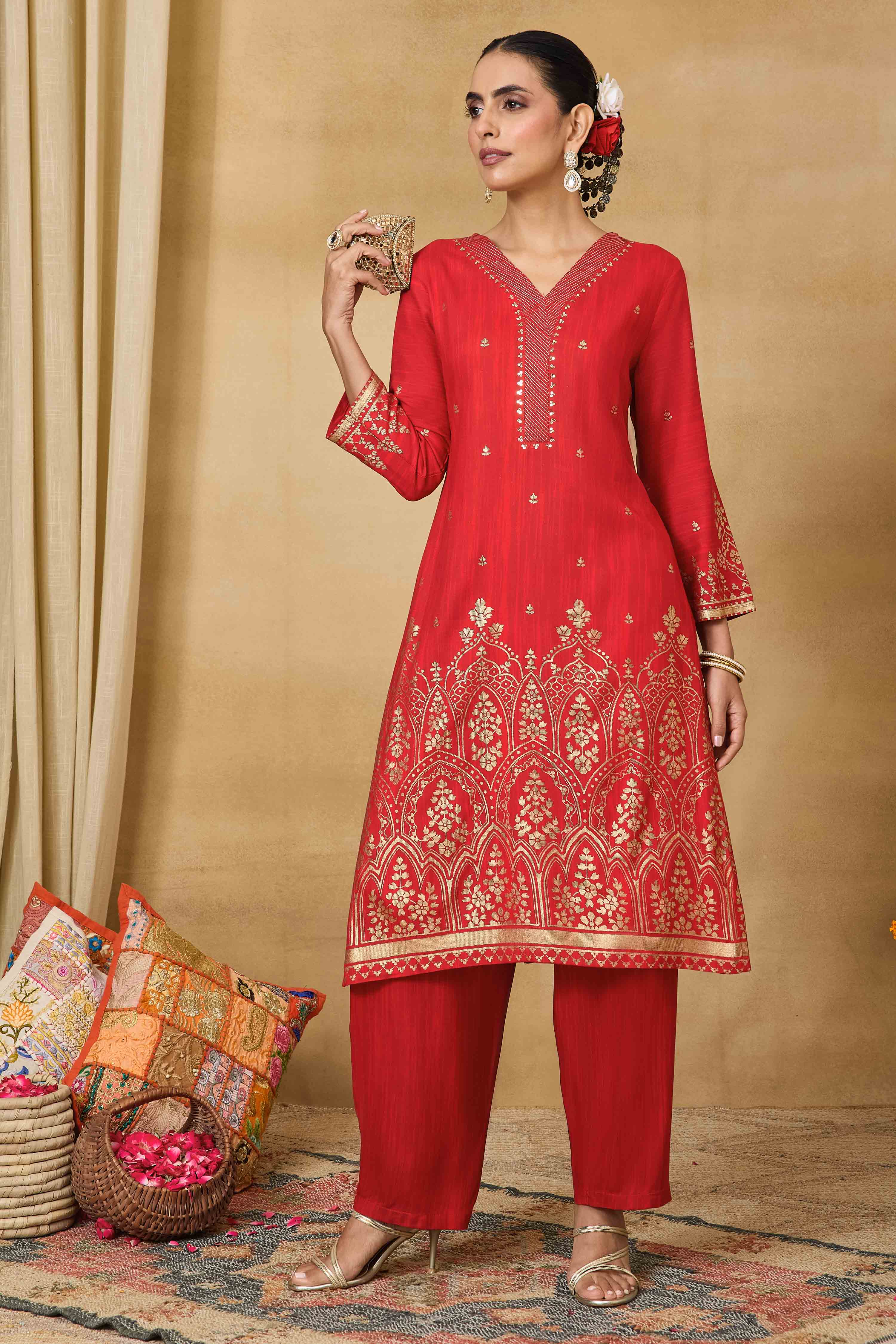 Red Viscose Rayon Straight Printed Kurta Pants Set image number 0