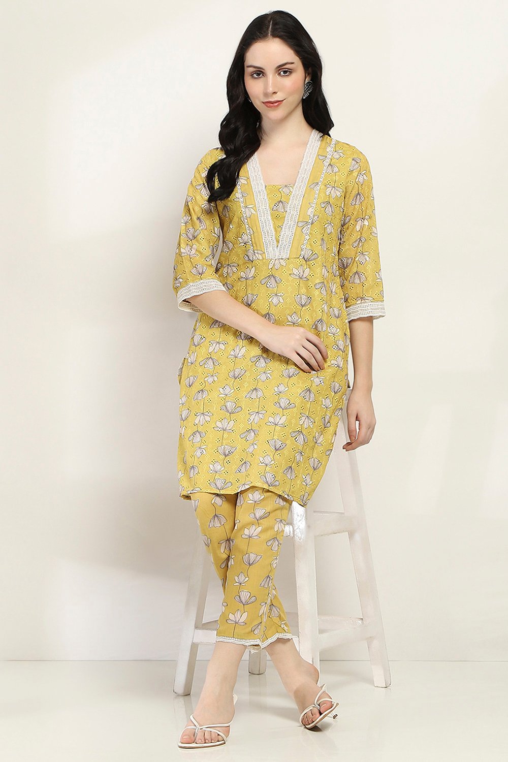Yellow Cotton Blend Straight SET image number 0