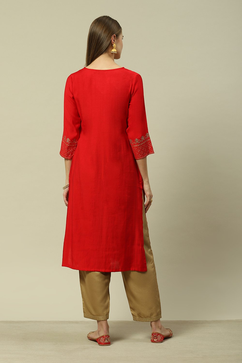 Red LIVA Straight Printed Kurta image number 3