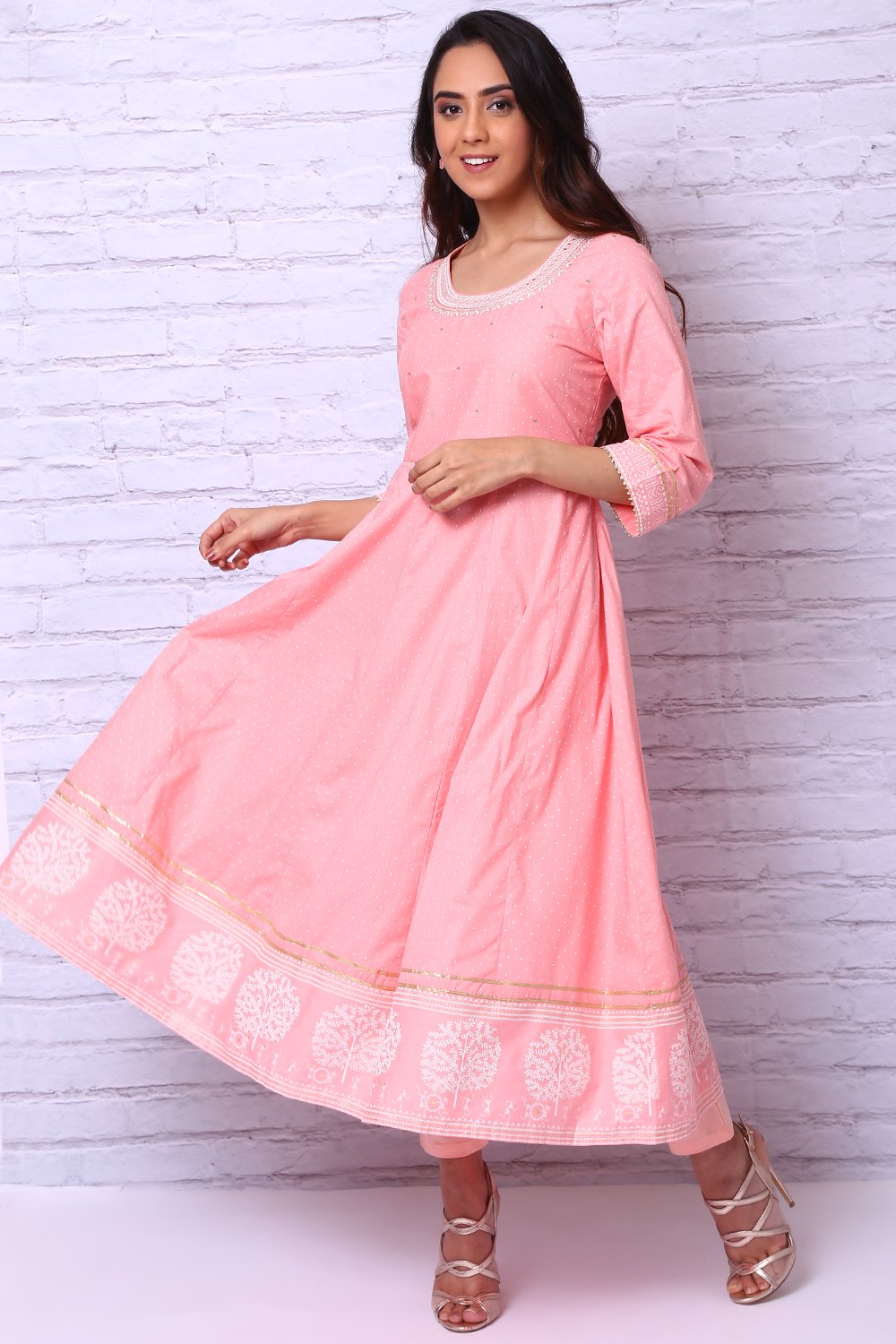 Peach Cotton Slub Kalidar Kurta image number 3