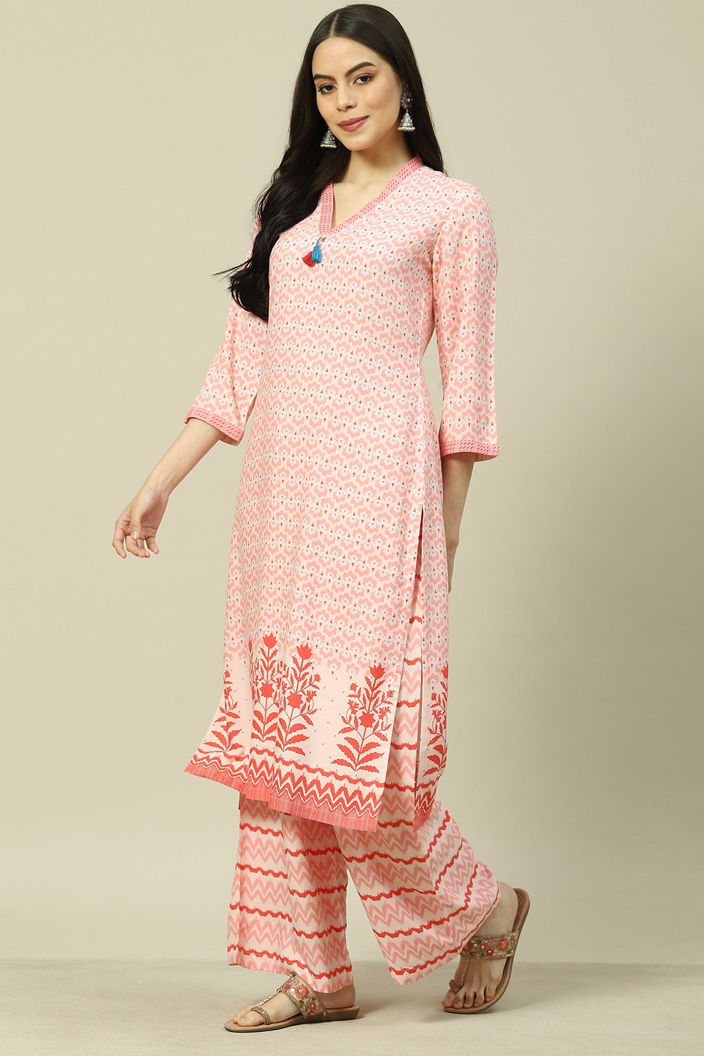 Blue LIVA Straight Kurta Palazzo Suit Set image number 3