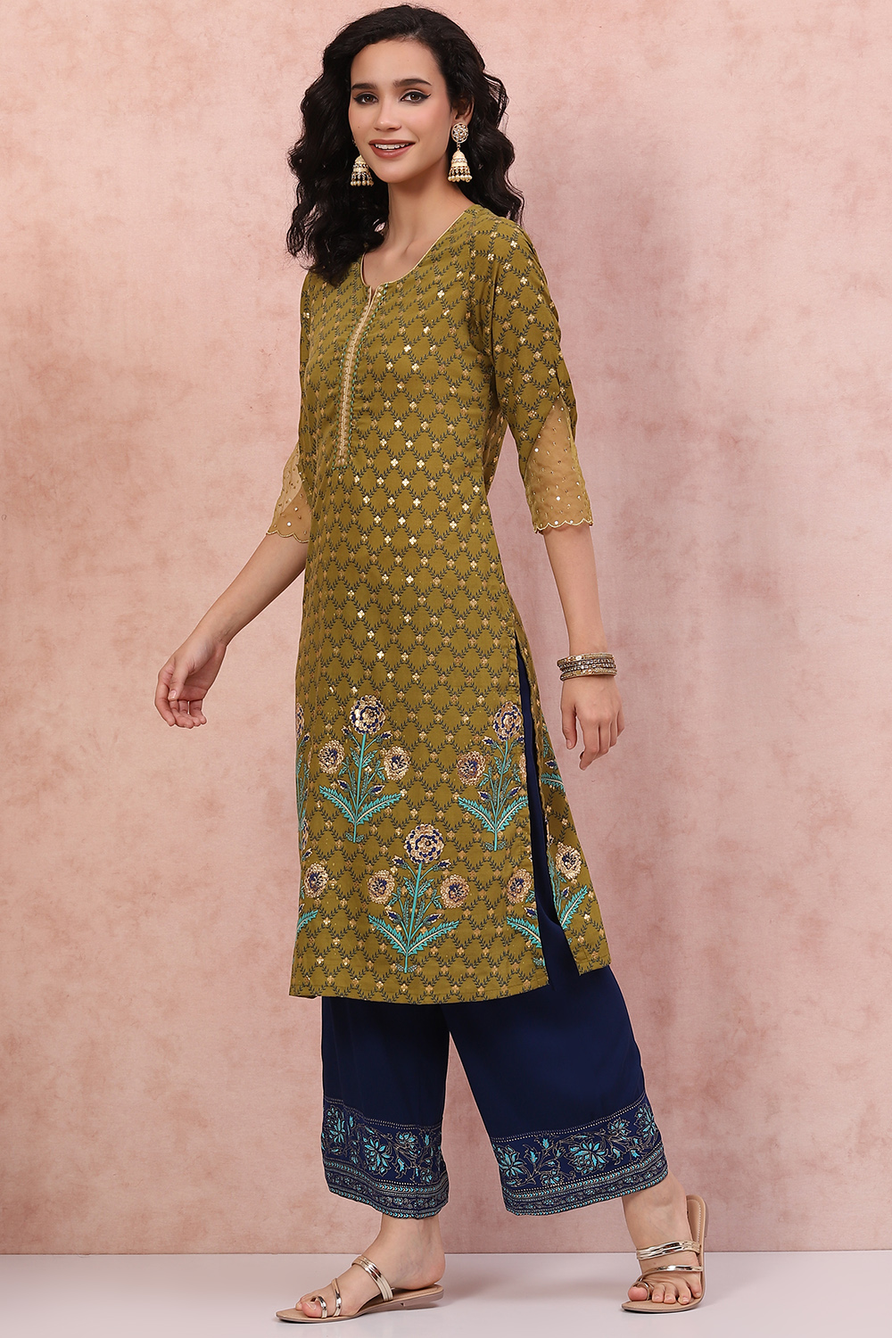 Lime Green Art Silk A-Line Kurta image number 2