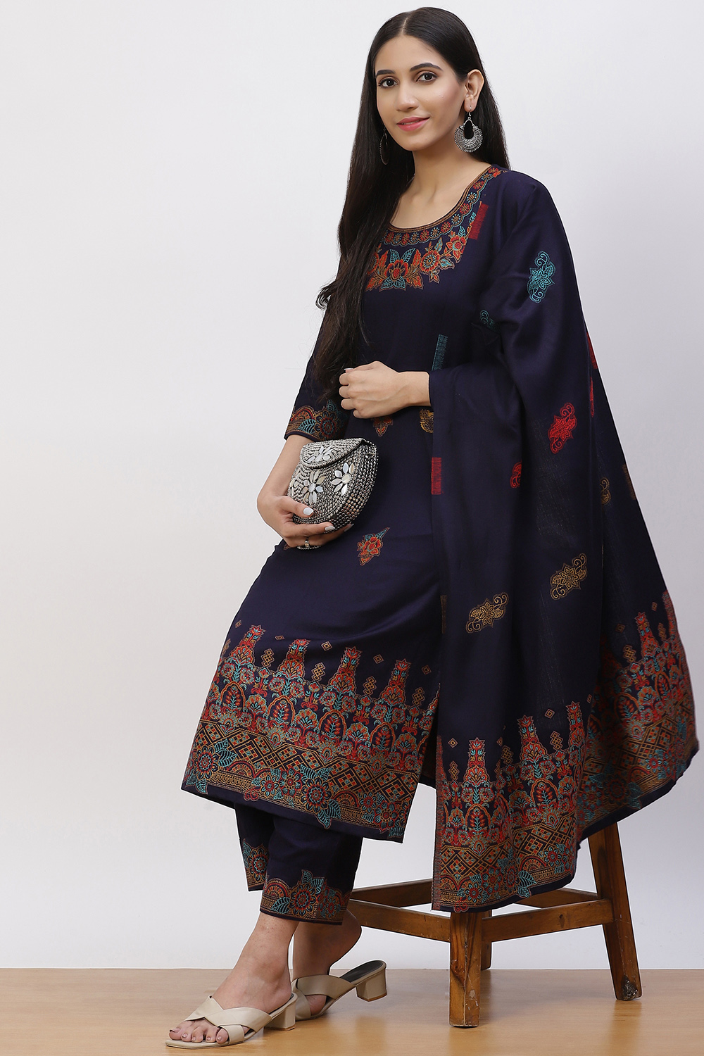 Navy Blue Acrylic Straight Suit Set image number 0