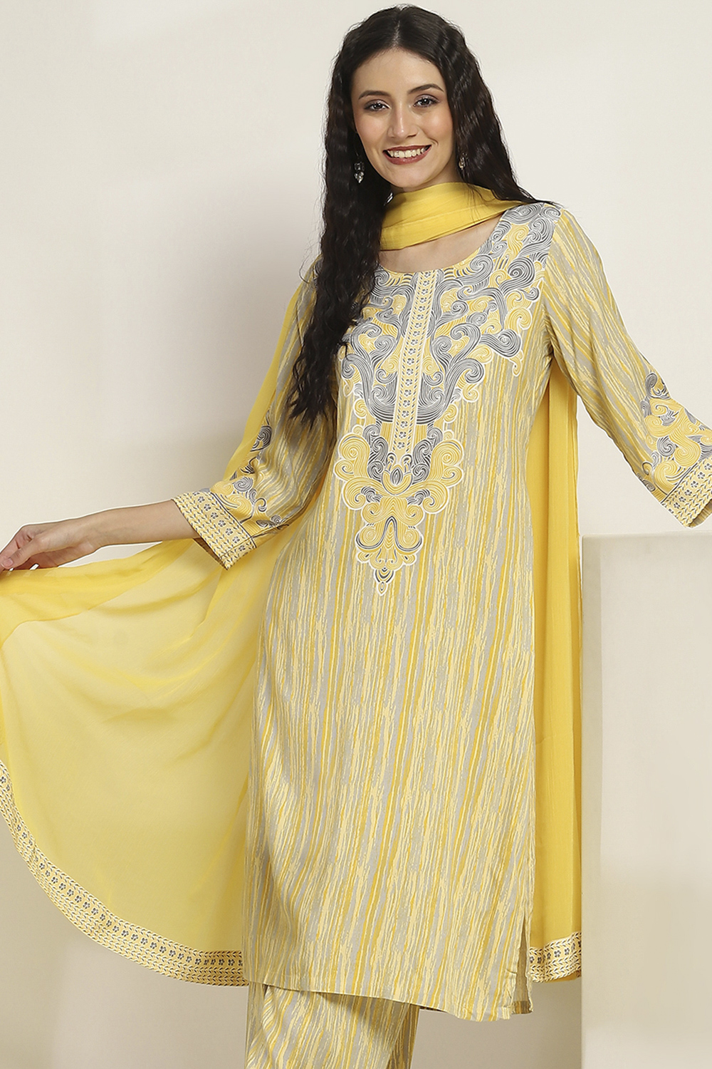 Yellow LIVA Woven Straight Kurta Suit Set image number 7