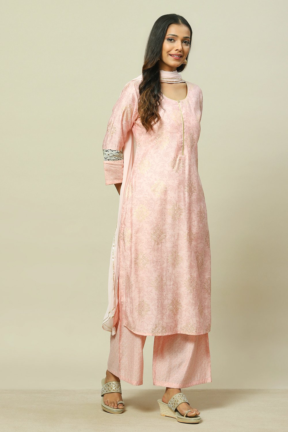 Light Pink Cotton Blend Woven Straight Kurta Suit Set image number 6