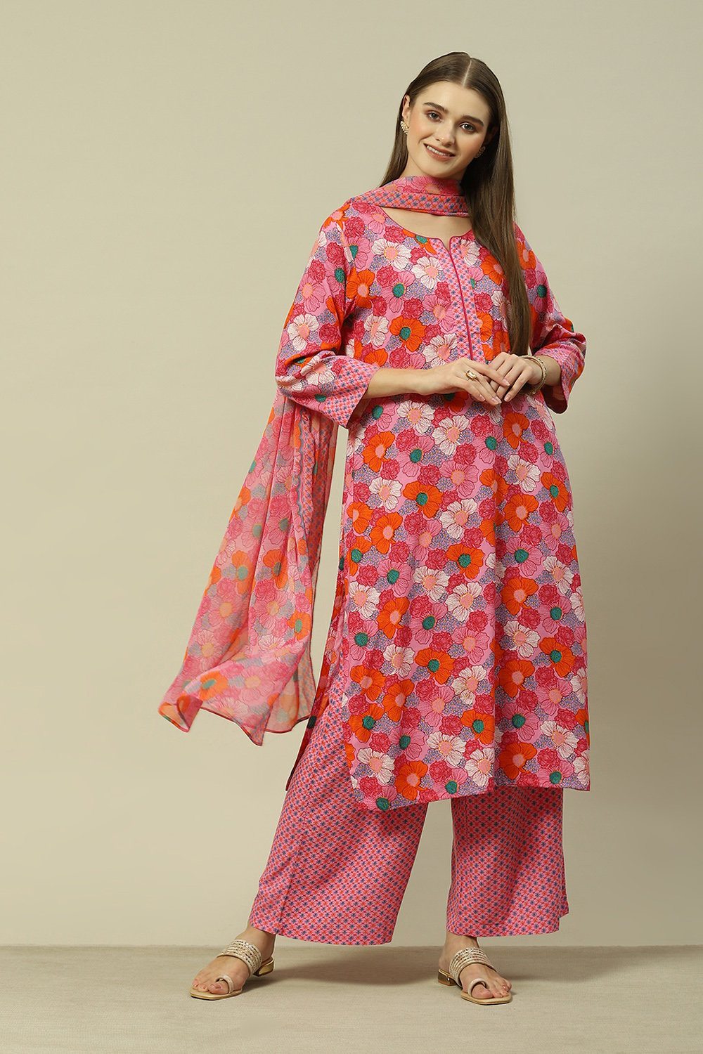 Pink LIVA Straight Printed Kurta Palazzo Suit Set image number 0