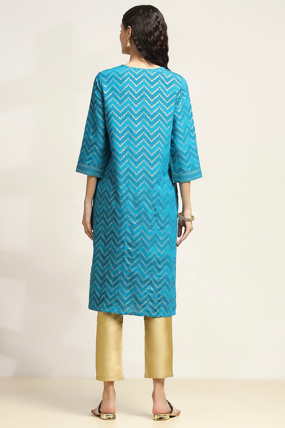Aqua Viscose Blend Printed Straight Kurta image number 3