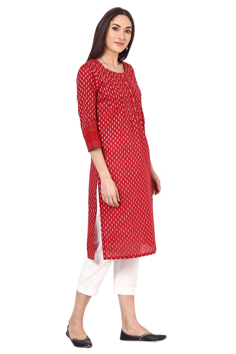 Red Straight Cotton Kurta image number 2