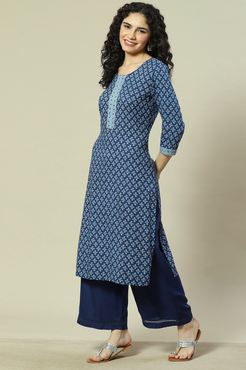 Indigo LIVA Woven Straight Kurta Suit Set image number 3