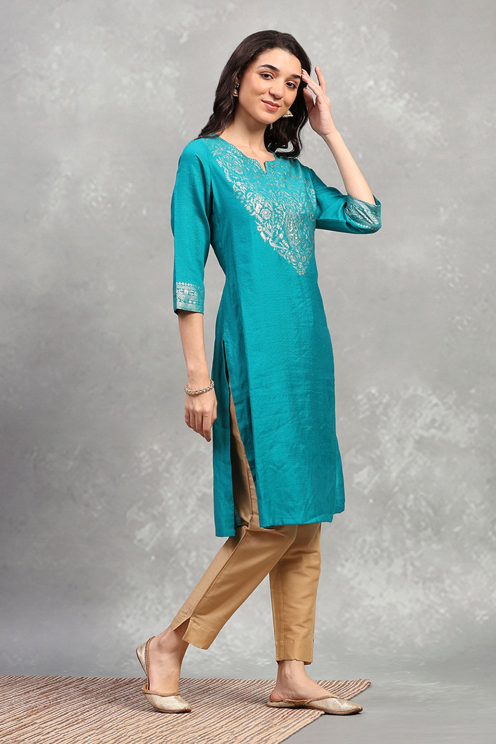 Teal Viscose Blend Solid Straight Kurta image number 4