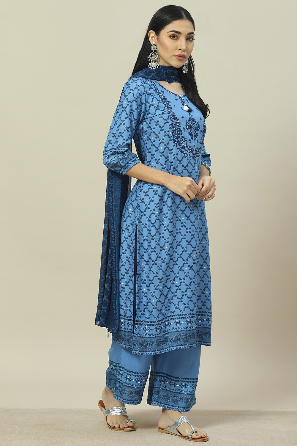 Blue LIVA Woven Straight Kurta Suit Set image number 6