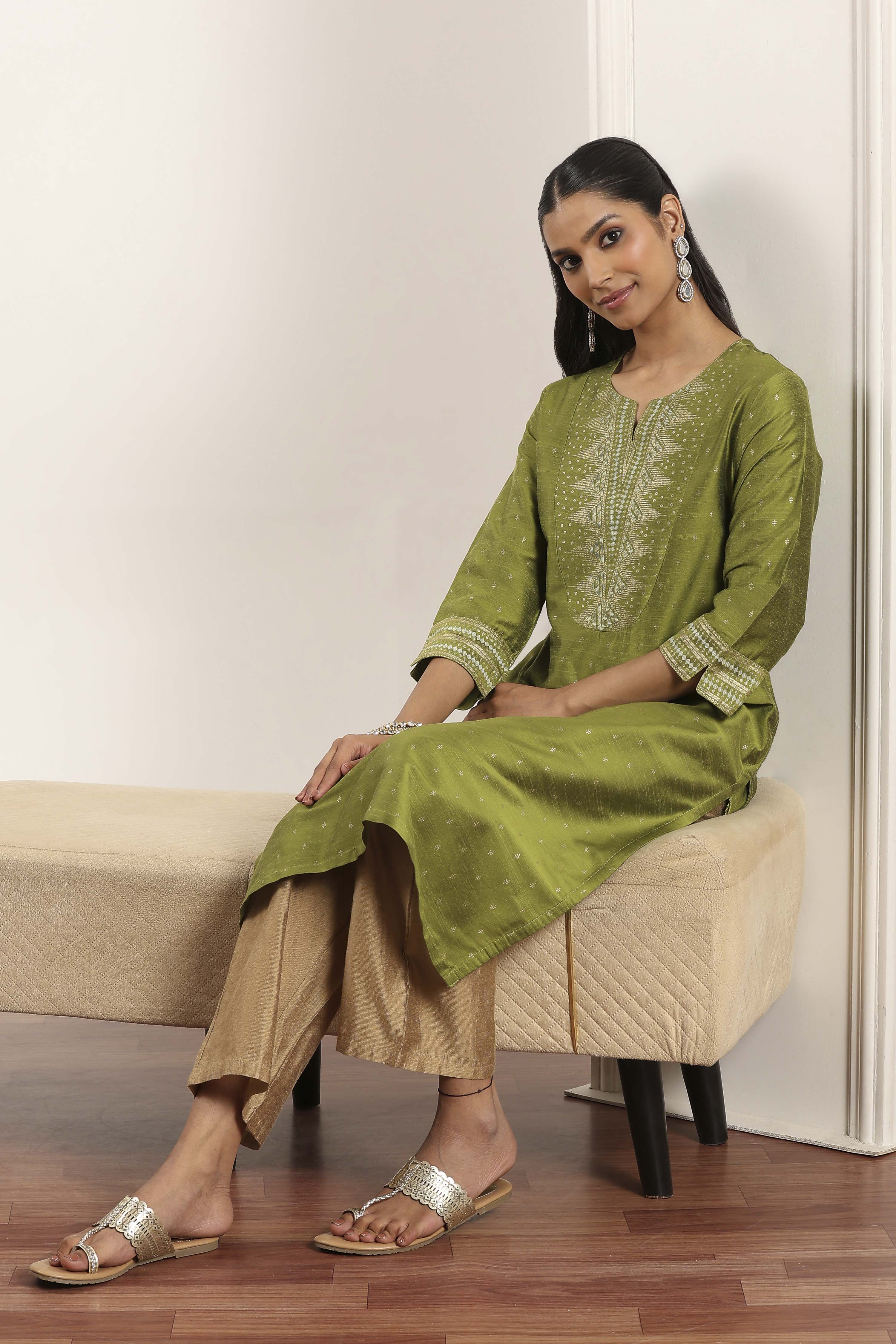 Lime Green Viscose Rayon Straight Kurta Pants Set image number 0