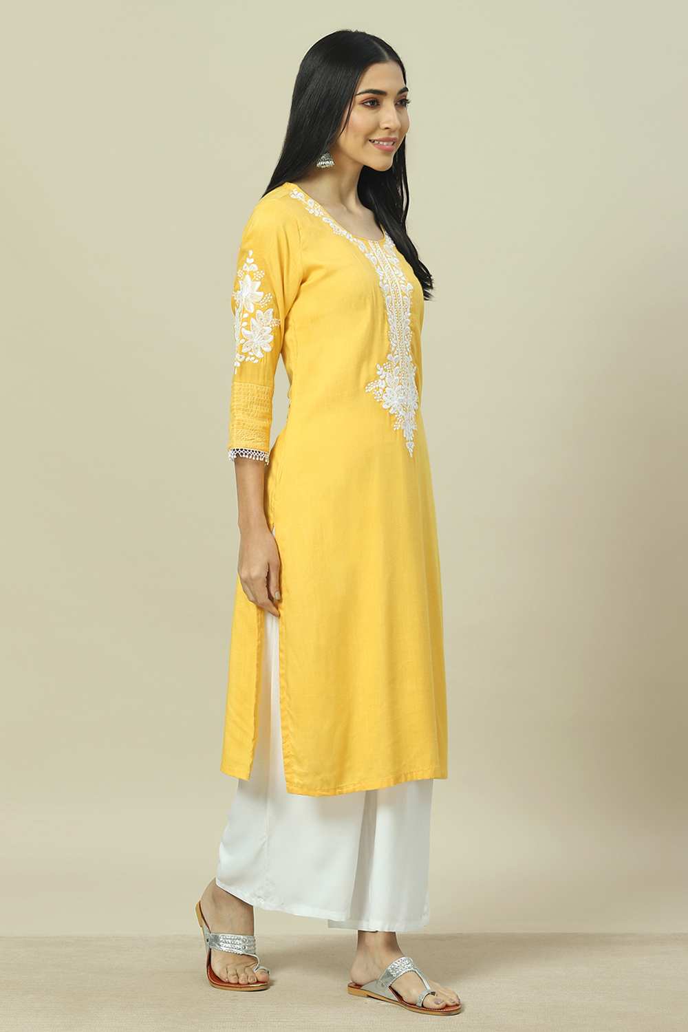 Yellow LIVA Straight Kurta image number 3