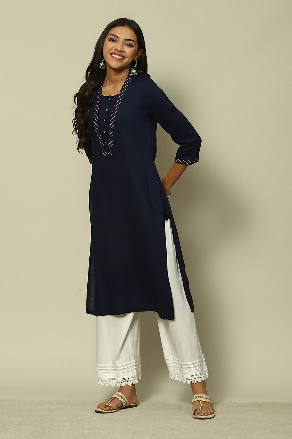 Buy Indigo Blue LIVA Straight Solid Kurta 1N by Rangriti
