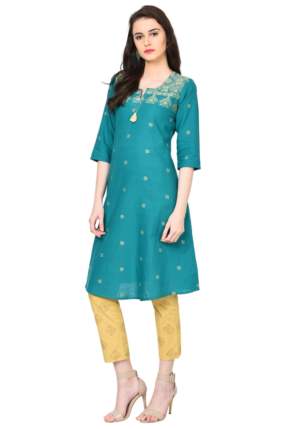 Green A-Line Poly Cotton Kurta image number 3