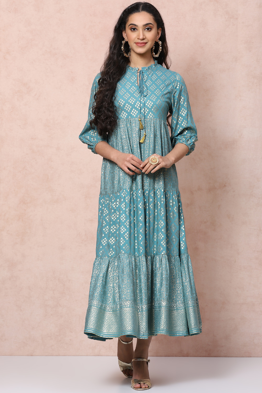 Green Viscose Rayon Tiered Dress image number 0