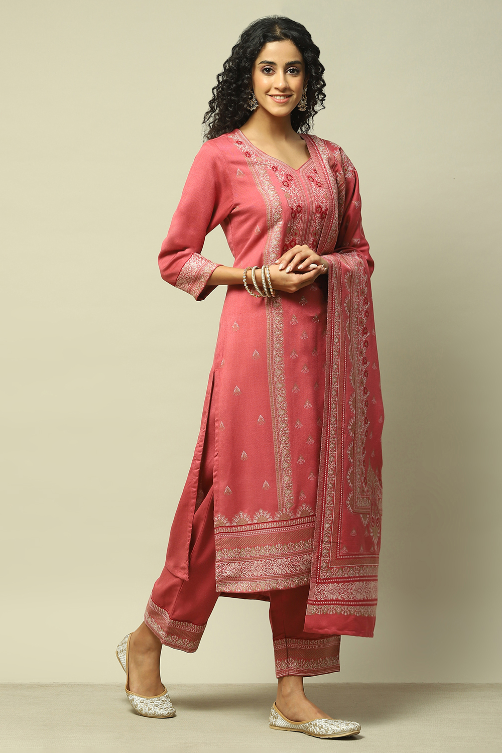 Coral Poly Viscose Straight Yarndyed Kurta Palazzo Suit Set image number 6