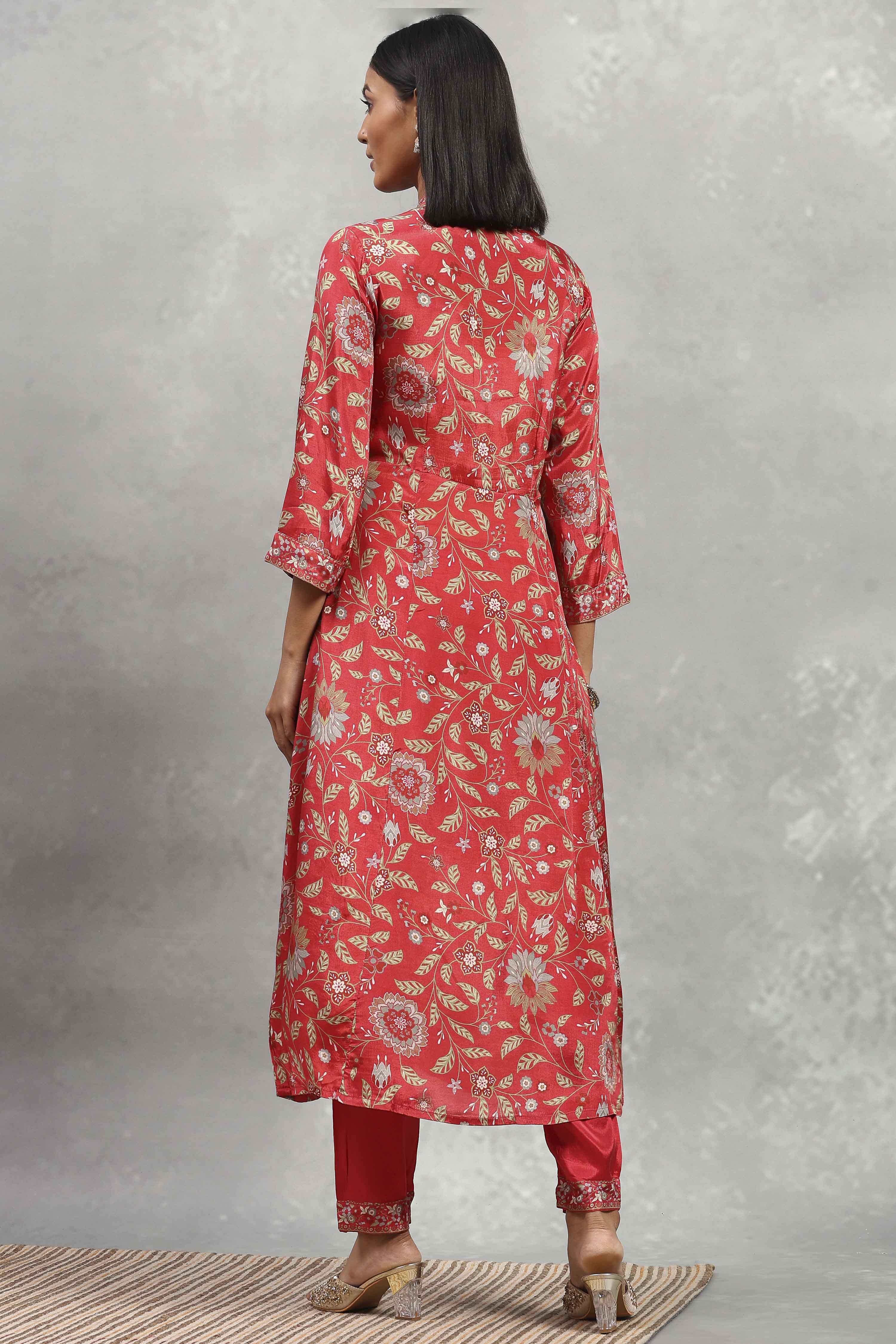 Red Viscose Rayon Printed Kalidar Suit Set image number 4