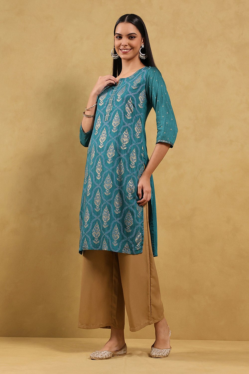 Teal Viscose Blend Printed Straight Kurta image number 2