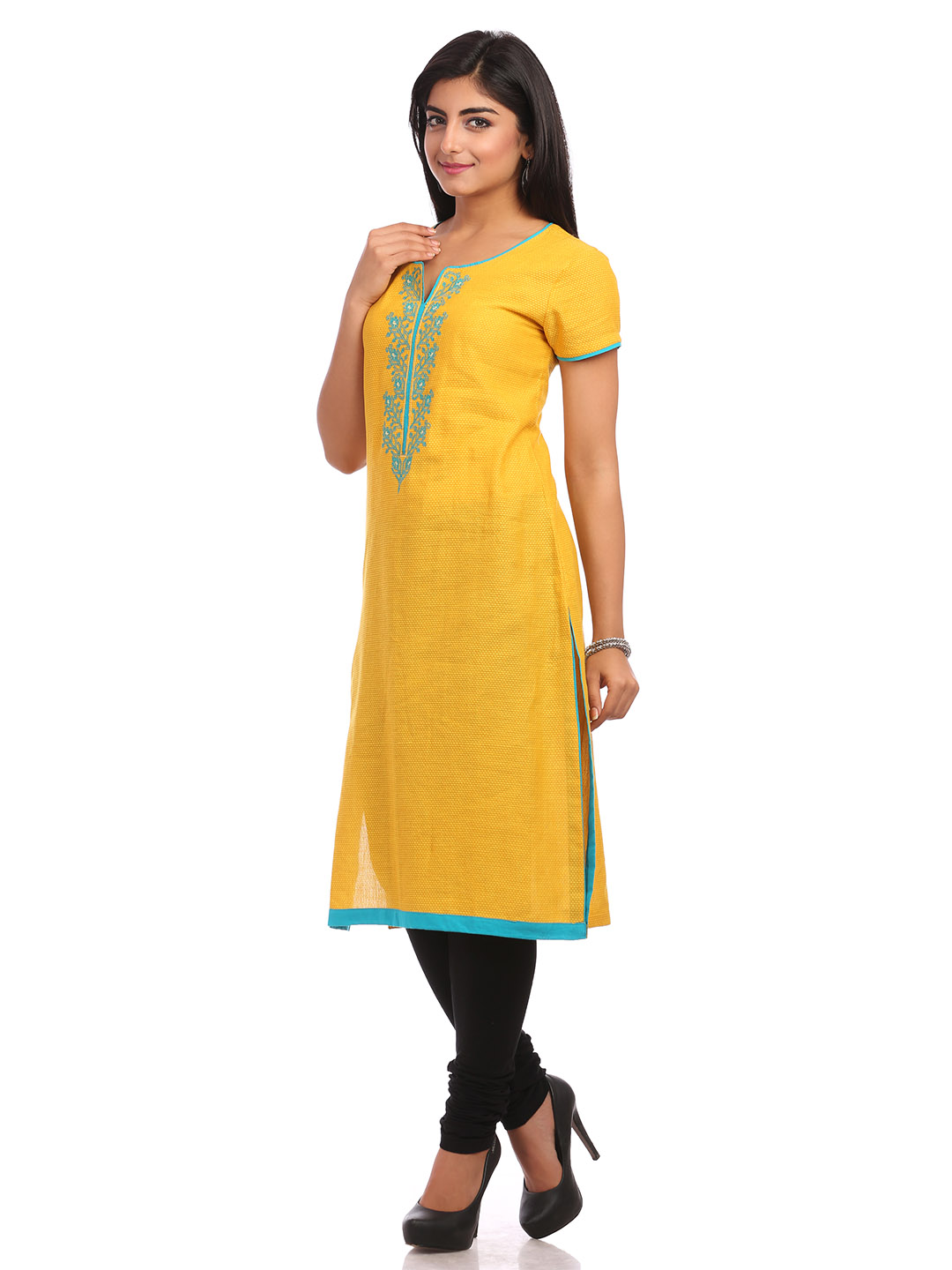 Mustard Straight Cotton Kurta image number 3