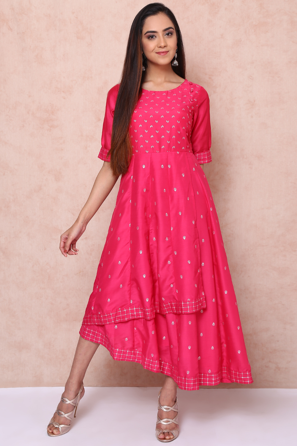 Fuschia Art Silk Kalidar Asymmetric Dress image number 0