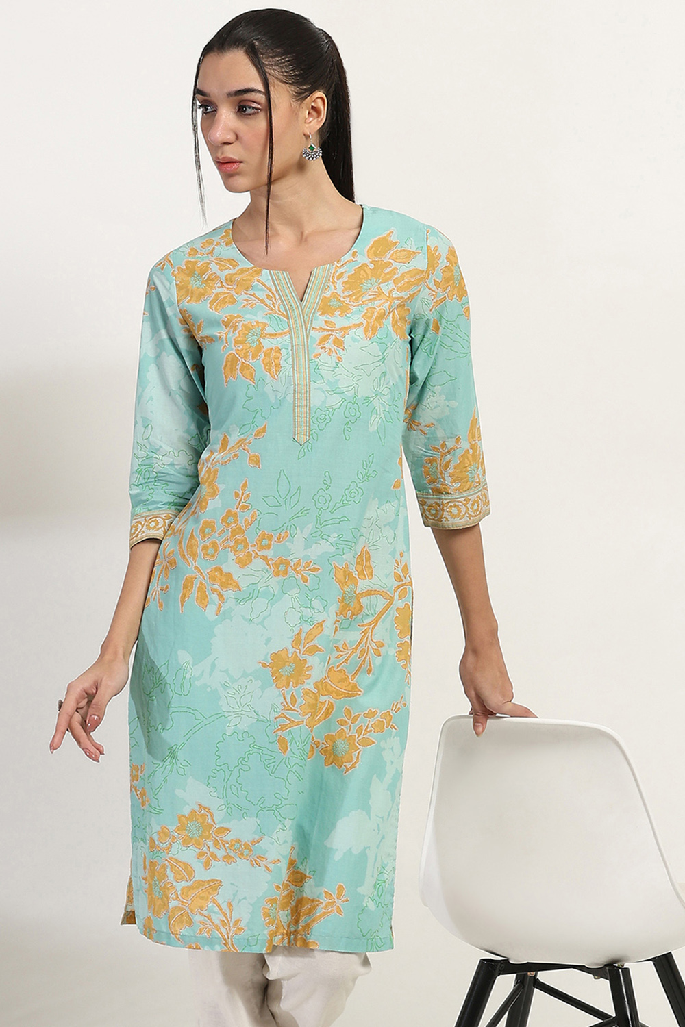 Aqua Cotton Straight Kurta image number 6