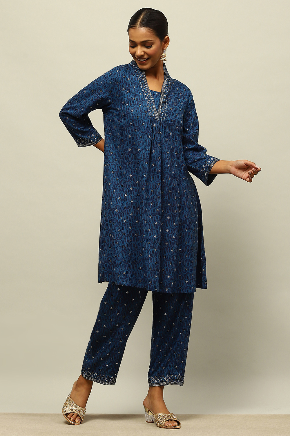 Blue Rayon Kalidar Printed Kurta Palazzo Suit Set image number 5