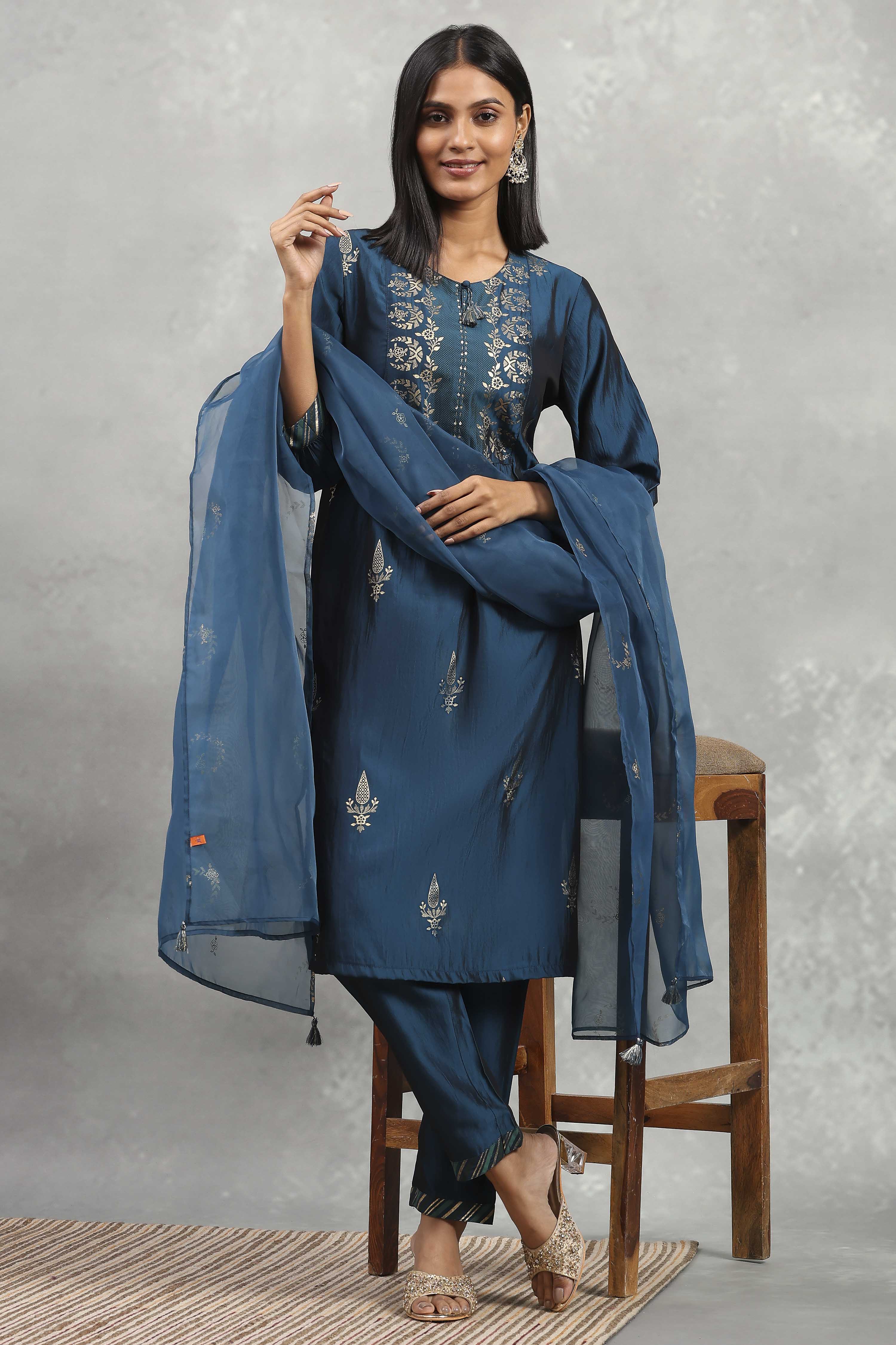 Blue Polyester Blend Printed Gathered Suit Set image number 0