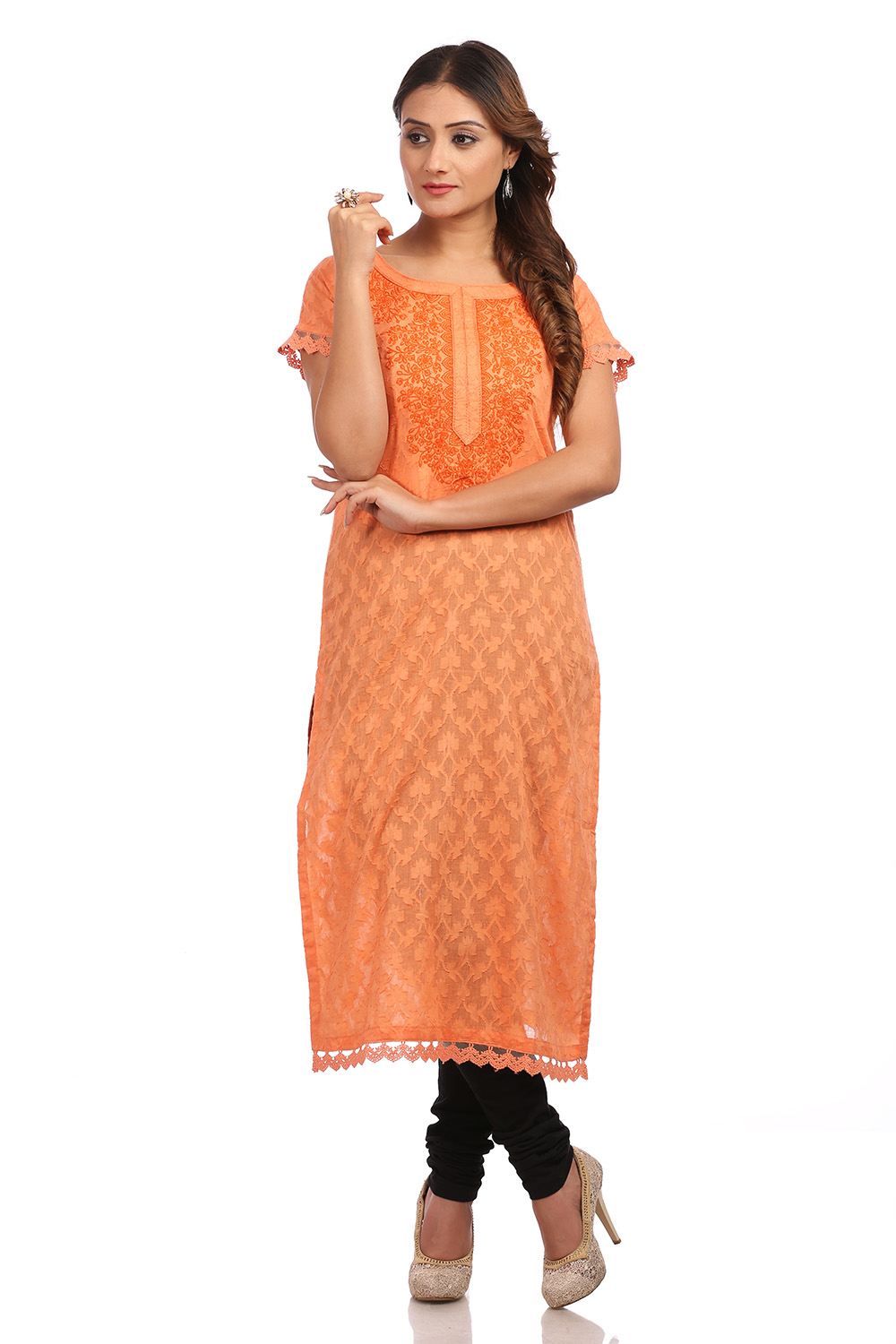 Peach Straight Cotton Kurta image number 0