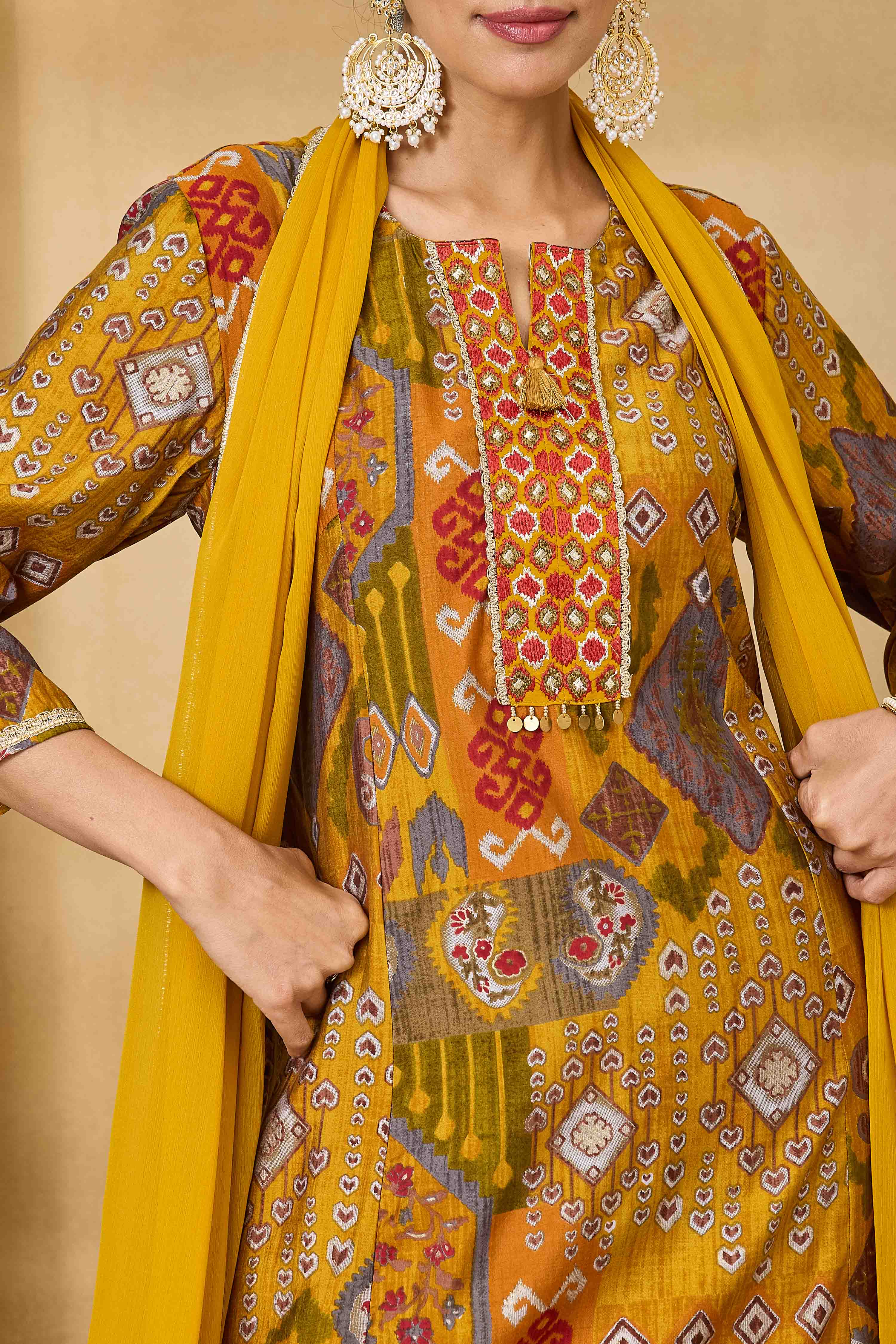 Yellow Viscose Blend Straight Printed Suit Set image number 1