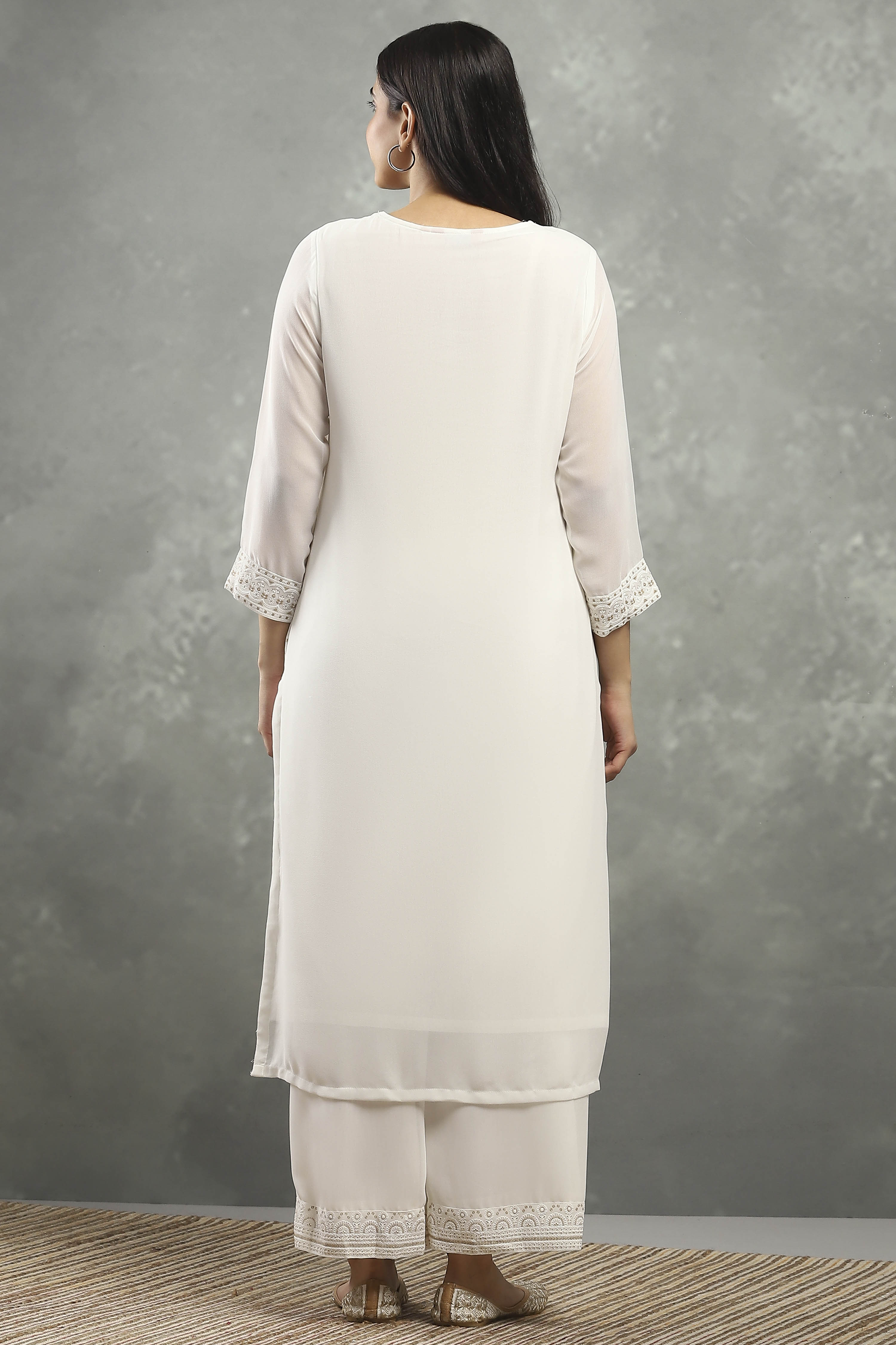 White Polyester Straight Kurta Pants Set image number 4