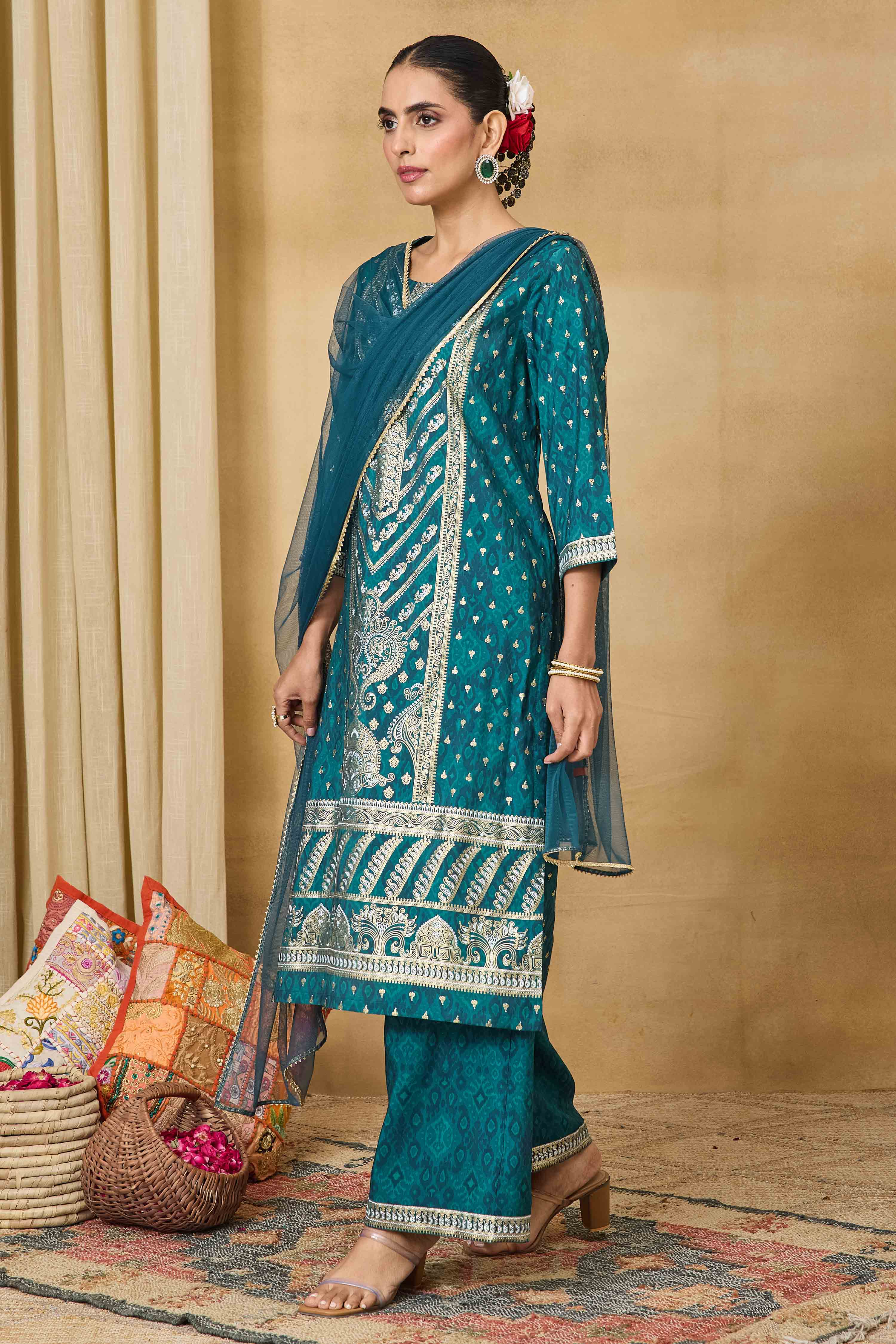 Teal Viscose Blend Straight Printed Suit Set image number 4