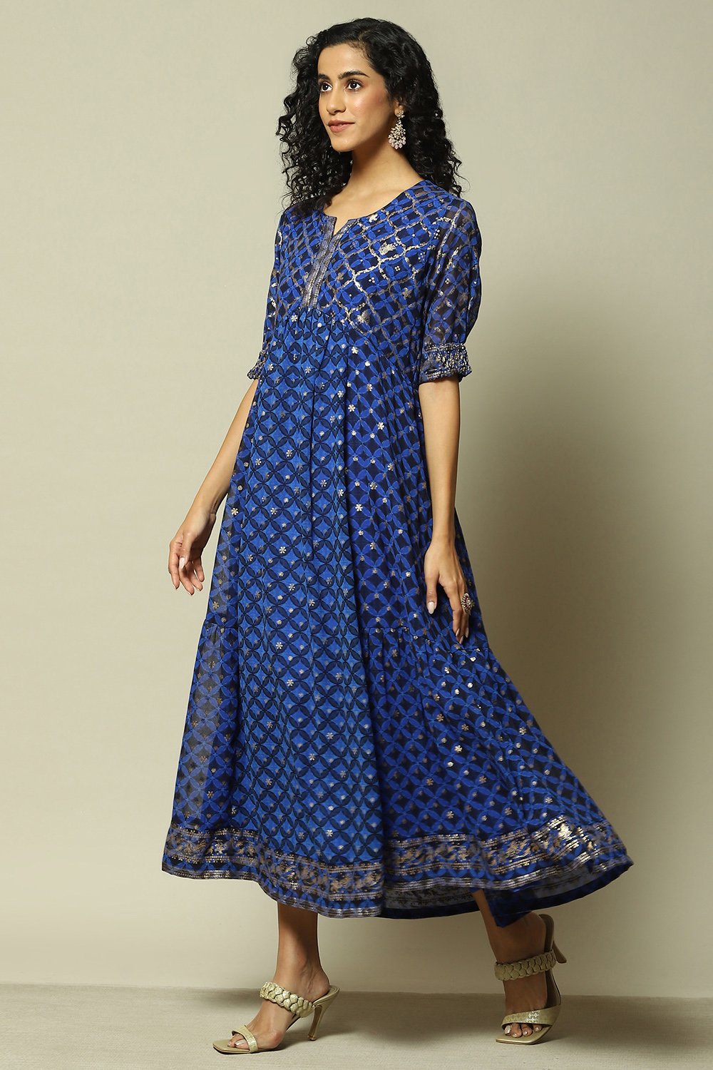 Coblt Blue Polyester Kalidar Printed Dress image number 2