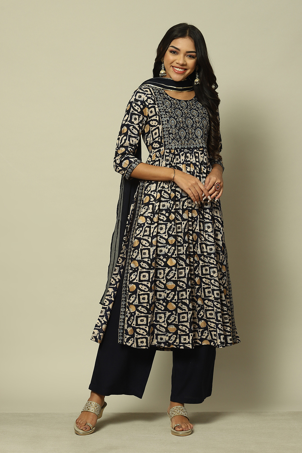 Indigo Blue Cotton Straight Printed Kurta Palazzo Suit Set image number 0