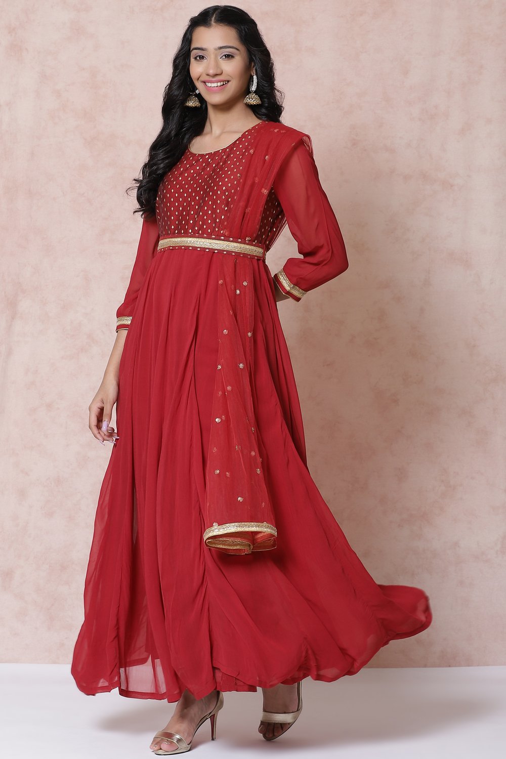 Red Polyester Georgette Kalidar Suit Set image number 4