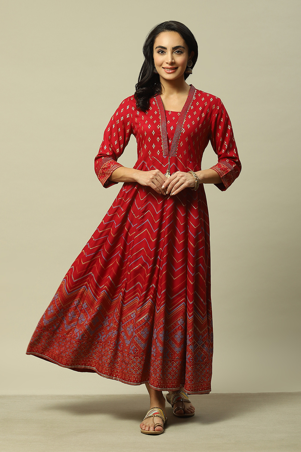 Red Viscose Tiered Printed Dress image number 0