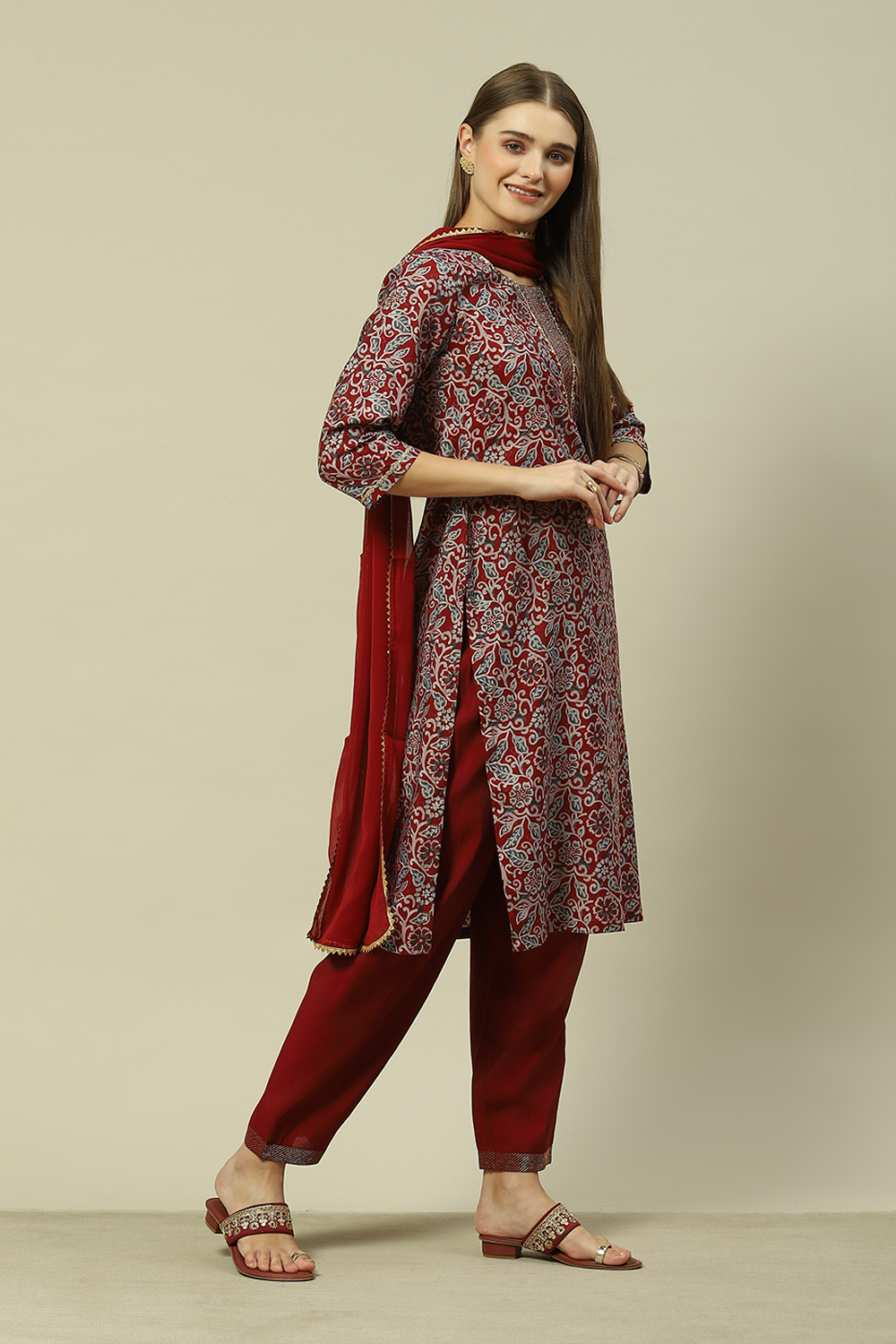 Navy Blue LIVA Straight Printed Kurta Palazzo Suit Set image number 2