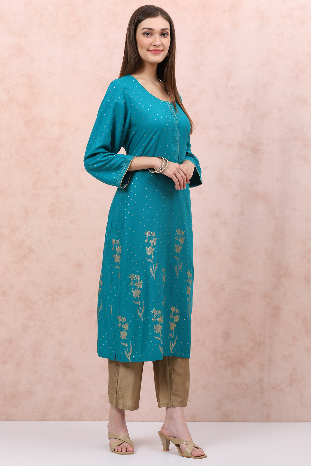 Turquoise LIVA Straight Kurta image number 3