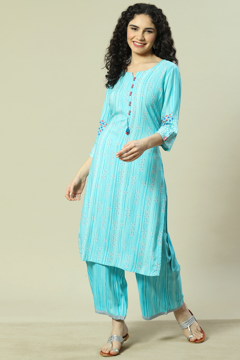 Turquoise LIVA Woven Straight Kurta Suit Set image number 0